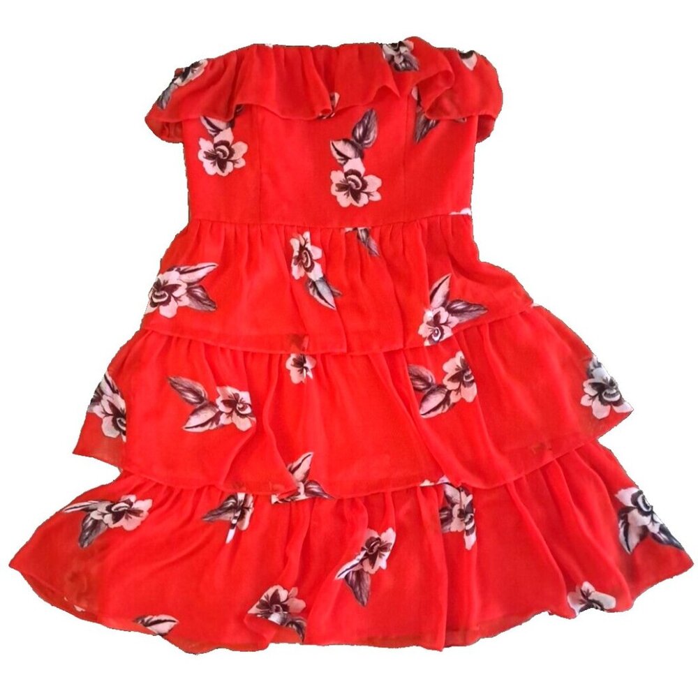Womens WHBM Dress Strapless Tiered Red Ruffled Floral Party Casual Size 8